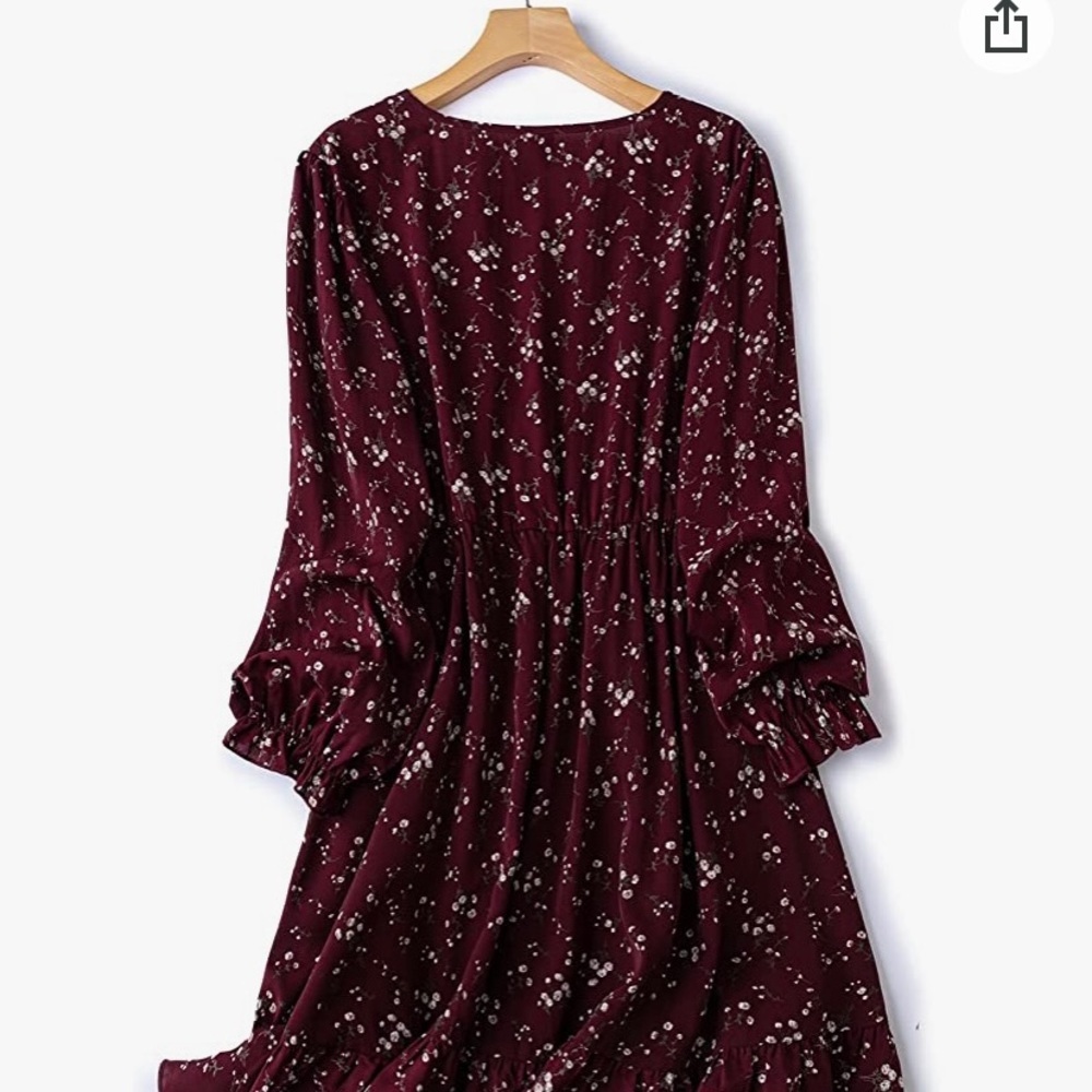 3XL Floral Print V Neck, Ruffle Sleeve, A Line Short Dress in Burgundy